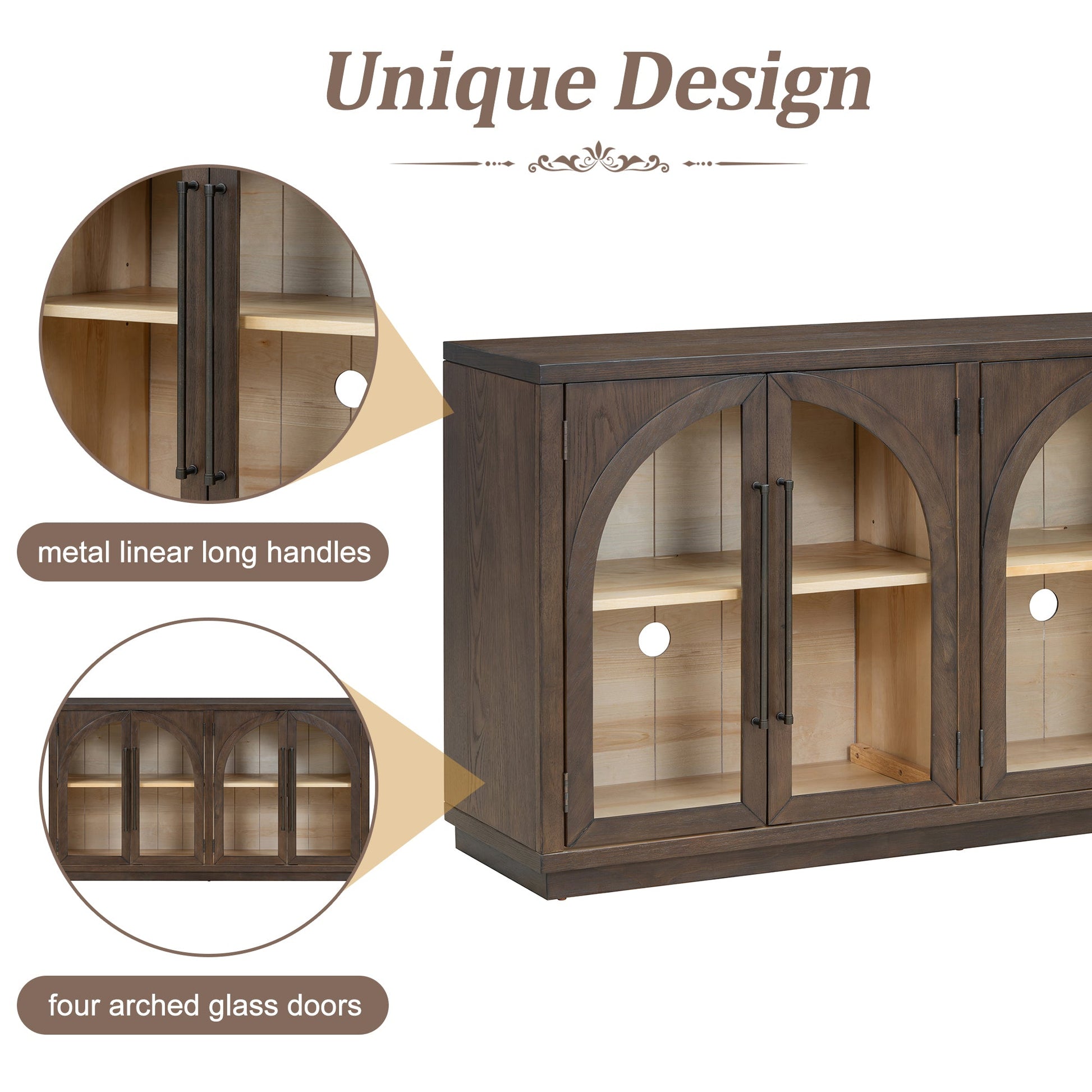 TREXM 4 - Door Large Storage Sideboard Buffet Cabinet with Glass Doors, Arched Cabinet with Adjustable Shelves for Kitchen, Dining Room and Living Room (Espresso) - 1st Choice Furniture Direct