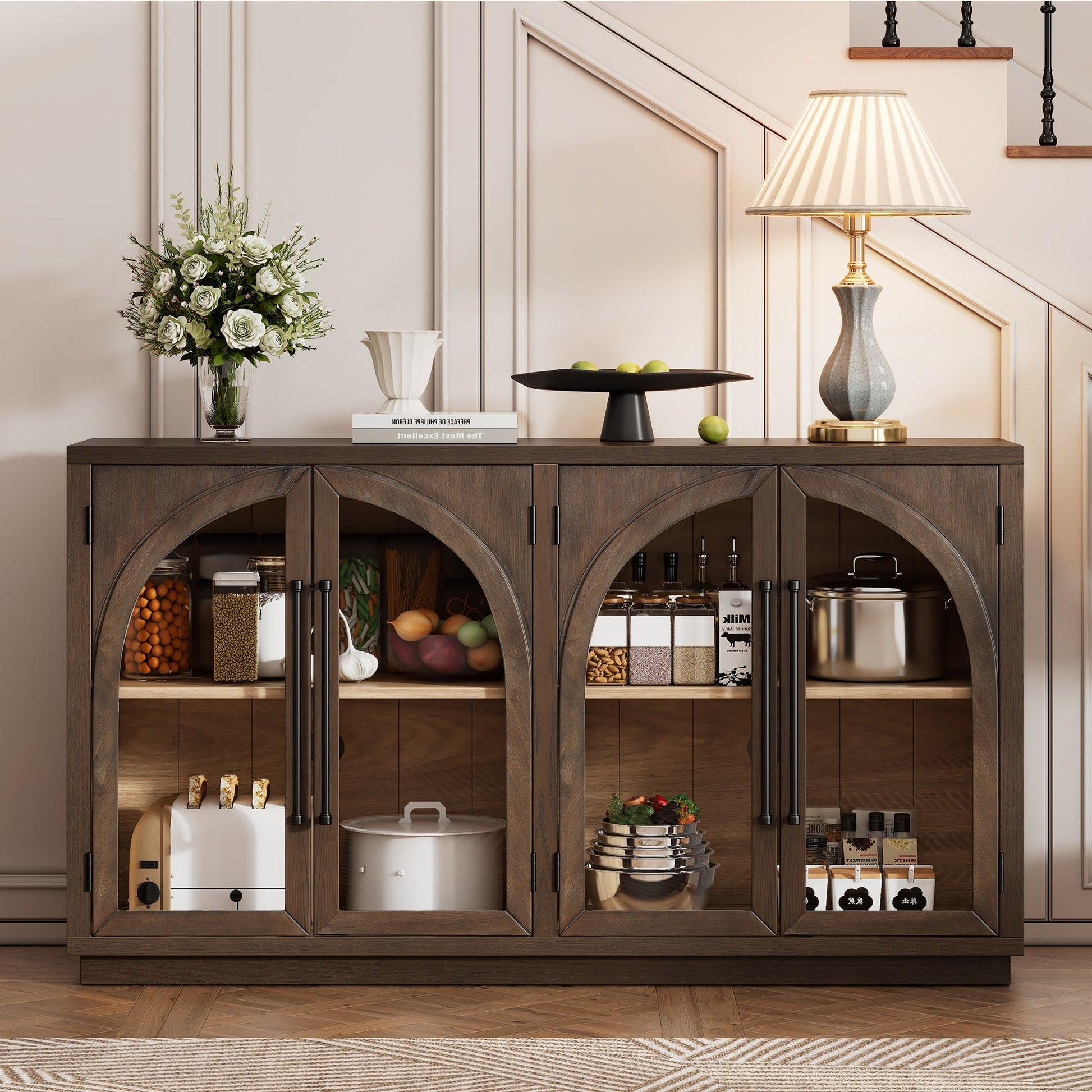 TREXM 4 - Door Large Storage Sideboard Buffet Cabinet with Glass Doors, Arched Cabinet with Adjustable Shelves for Kitchen, Dining Room and Living Room (Espresso) - 1st Choice Furniture Direct