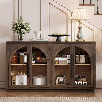 TREXM 4 - Door Large Storage Sideboard Buffet Cabinet with Glass Doors, Arched Cabinet with Adjustable Shelves for Kitchen, Dining Room and Living Room (Espresso) - 1st Choice Furniture Direct