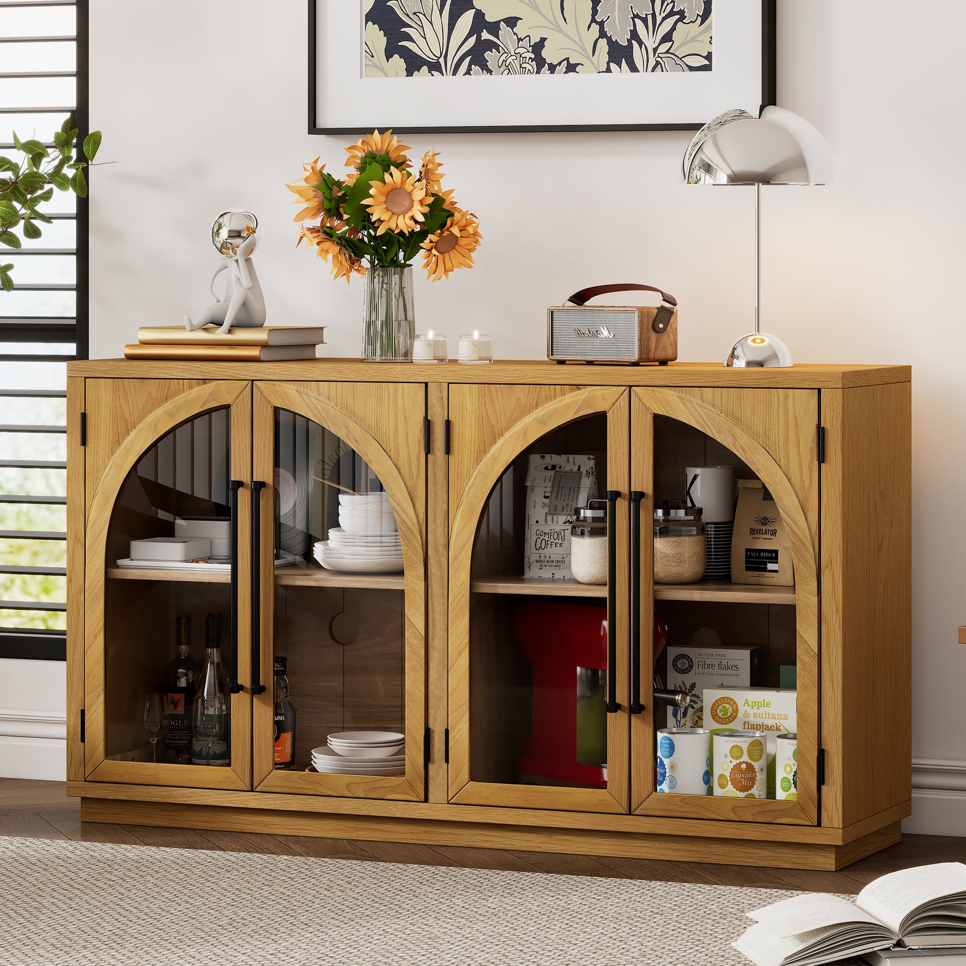 TREXM 4 - Door Large Storage Sideboard Buffet Cabinet with Glass Doors, Arched Cabinet with Adjustable Shelves for Kitchen, Dining Room and Living Room (Natural Wood) - 1st Choice Furniture Direct