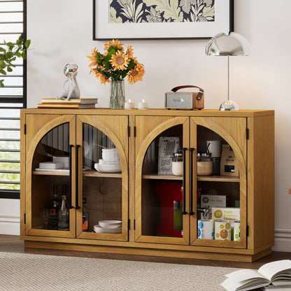 TREXM 4 - Door Large Storage Sideboard Buffet Cabinet with Glass Doors, Arched Cabinet with Adjustable Shelves for Kitchen, Dining Room and Living Room (Natural Wood) - 1st Choice Furniture Direct