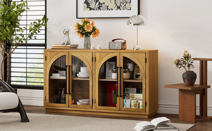 TREXM 4 - Door Large Storage Sideboard Buffet Cabinet with Glass Doors, Arched Cabinet with Adjustable Shelves for Kitchen, Dining Room and Living Room (Natural Wood) - 1st Choice Furniture Direct