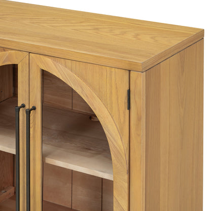 TREXM 4 - Door Large Storage Sideboard Buffet Cabinet with Glass Doors, Arched Cabinet with Adjustable Shelves for Kitchen, Dining Room and Living Room (Natural Wood) - 1st Choice Furniture Direct