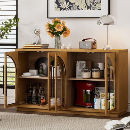 TREXM 4 - Door Large Storage Sideboard Buffet Cabinet with Glass Doors, Arched Cabinet with Adjustable Shelves for Kitchen, Dining Room and Living Room (Natural Wood) - 1st Choice Furniture Direct