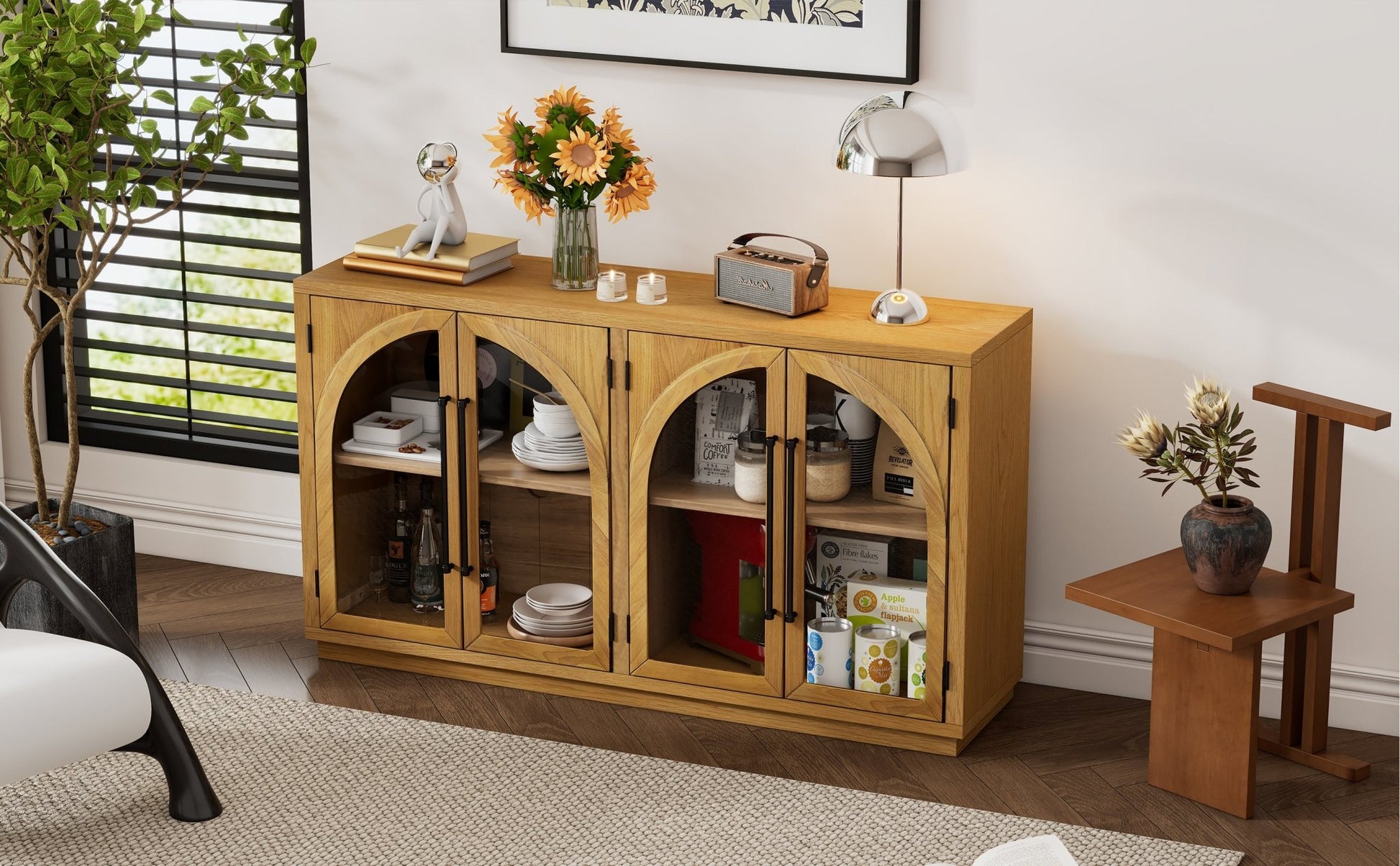 TREXM 4 - Door Large Storage Sideboard Buffet Cabinet with Glass Doors, Arched Cabinet with Adjustable Shelves for Kitchen, Dining Room and Living Room (Natural Wood) - 1st Choice Furniture Direct