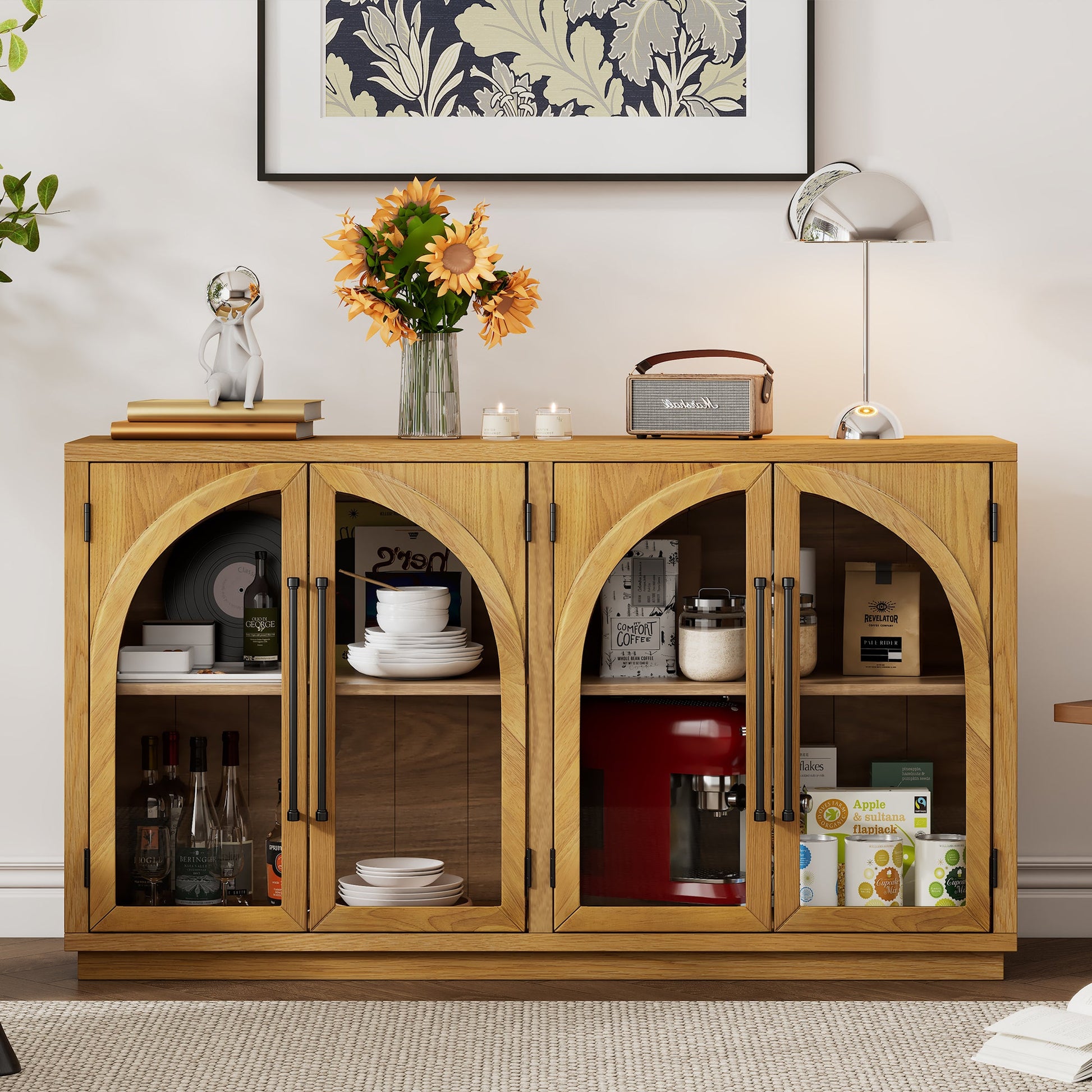 TREXM 4 - Door Large Storage Sideboard Buffet Cabinet with Glass Doors, Arched Cabinet with Adjustable Shelves for Kitchen, Dining Room and Living Room (Natural Wood) - 1st Choice Furniture Direct