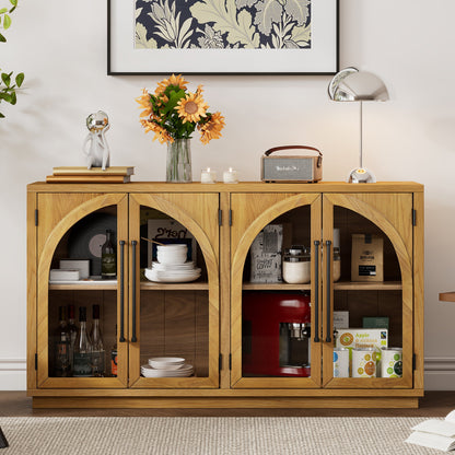 TREXM 4 - Door Large Storage Sideboard Buffet Cabinet with Glass Doors, Arched Cabinet with Adjustable Shelves for Kitchen, Dining Room and Living Room (Natural Wood) - 1st Choice Furniture Direct