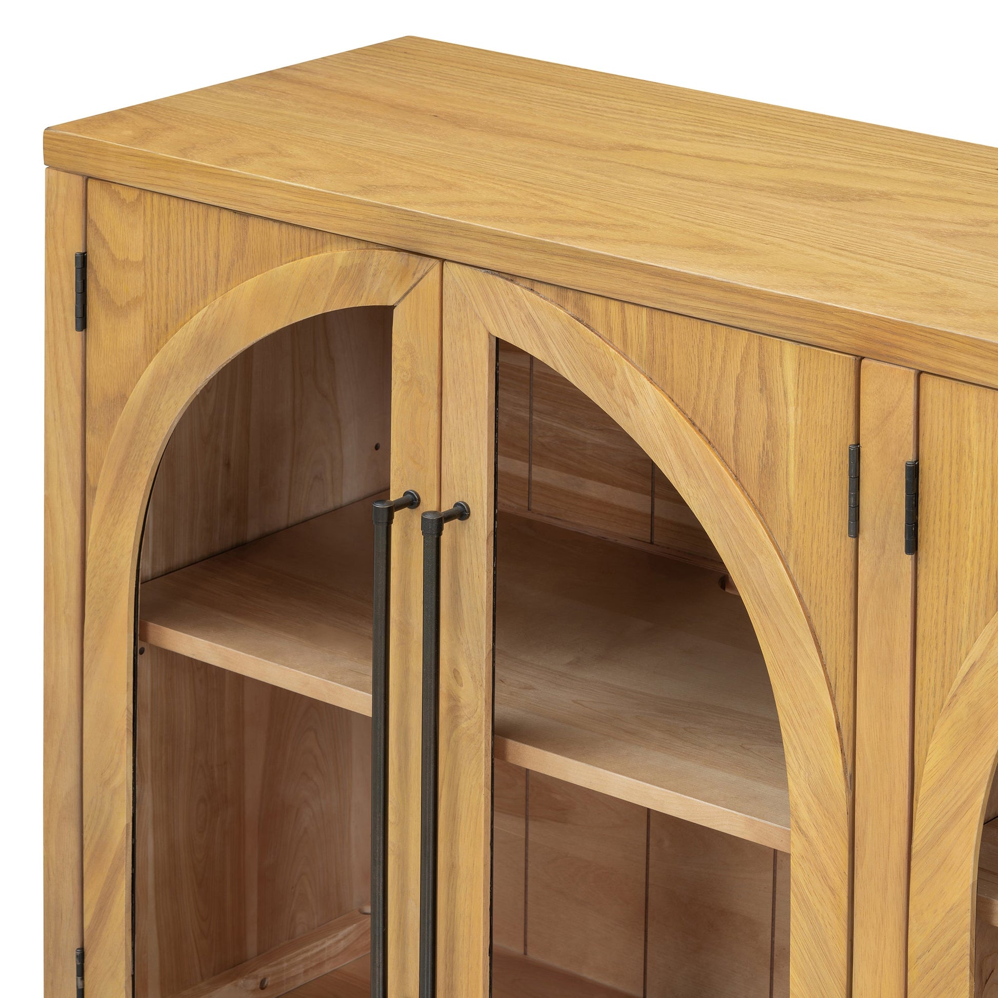 TREXM 4 - Door Large Storage Sideboard Buffet Cabinet with Glass Doors, Arched Cabinet with Adjustable Shelves for Kitchen, Dining Room and Living Room (Natural Wood) - 1st Choice Furniture Direct