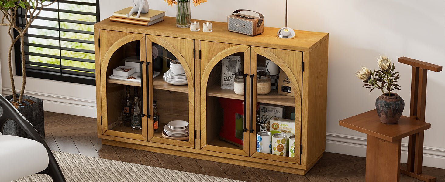 TREXM 4 - Door Large Storage Sideboard Buffet Cabinet with Glass Doors, Arched Cabinet with Adjustable Shelves for Kitchen, Dining Room and Living Room (Natural Wood) - 1st Choice Furniture Direct