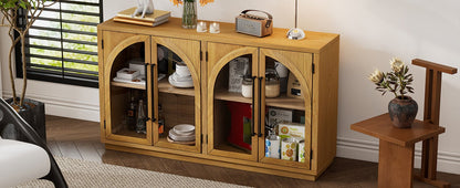 TREXM 4 - Door Large Storage Sideboard Buffet Cabinet with Glass Doors, Arched Cabinet with Adjustable Shelves for Kitchen, Dining Room and Living Room (Natural Wood) - 1st Choice Furniture Direct