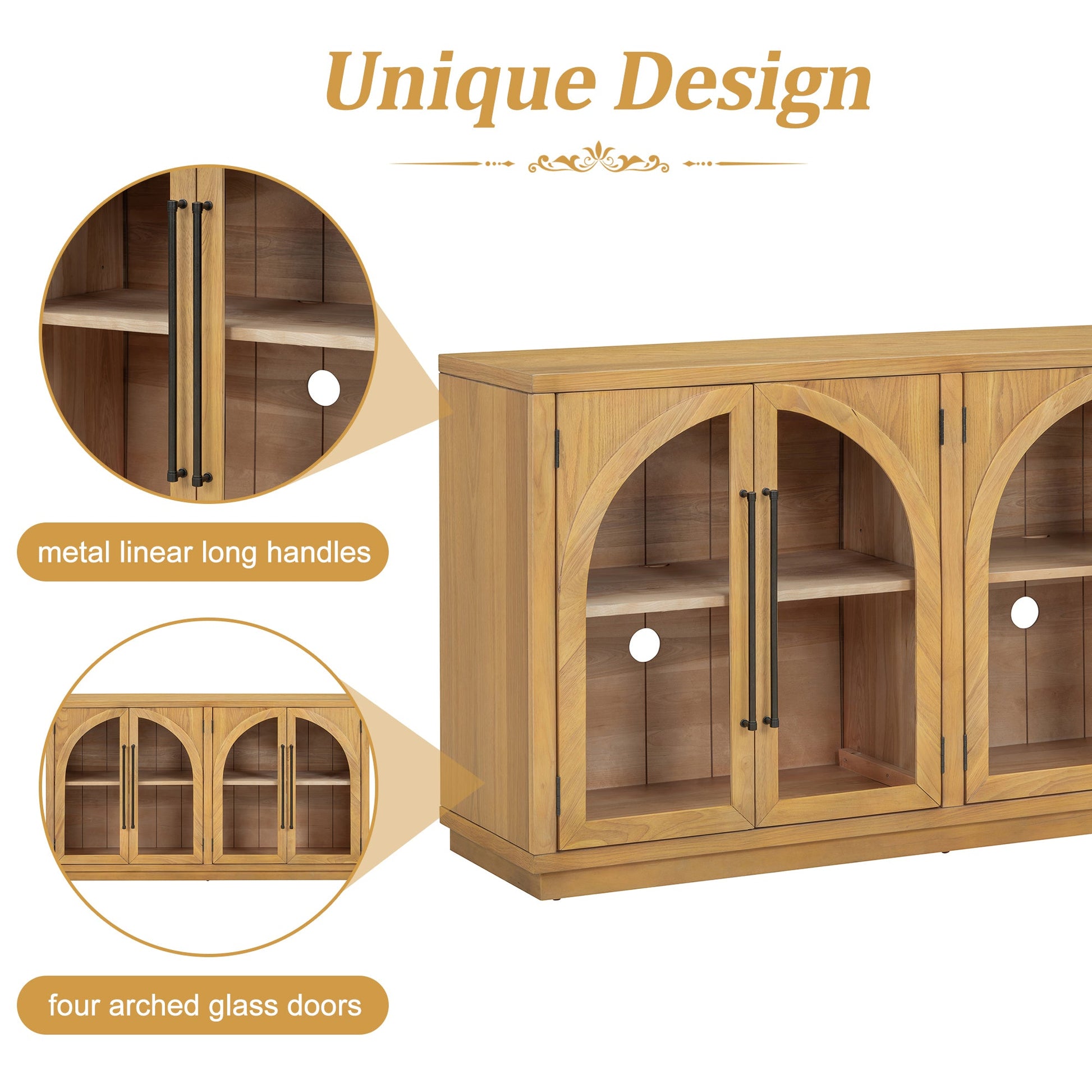 TREXM 4 - Door Large Storage Sideboard Buffet Cabinet with Glass Doors, Arched Cabinet with Adjustable Shelves for Kitchen, Dining Room and Living Room (Natural Wood) - 1st Choice Furniture Direct