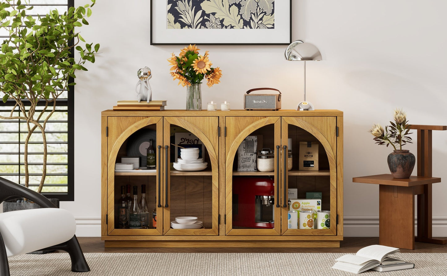 TREXM 4 - Door Large Storage Sideboard Buffet Cabinet with Glass Doors, Arched Cabinet with Adjustable Shelves for Kitchen, Dining Room and Living Room (Natural Wood) - 1st Choice Furniture Direct