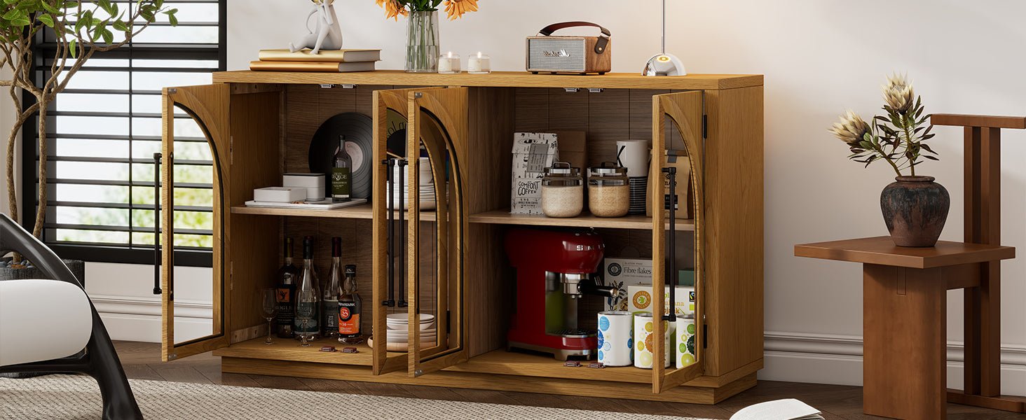 TREXM 4 - Door Large Storage Sideboard Buffet Cabinet with Glass Doors, Arched Cabinet with Adjustable Shelves for Kitchen, Dining Room and Living Room (Natural Wood) - 1st Choice Furniture Direct