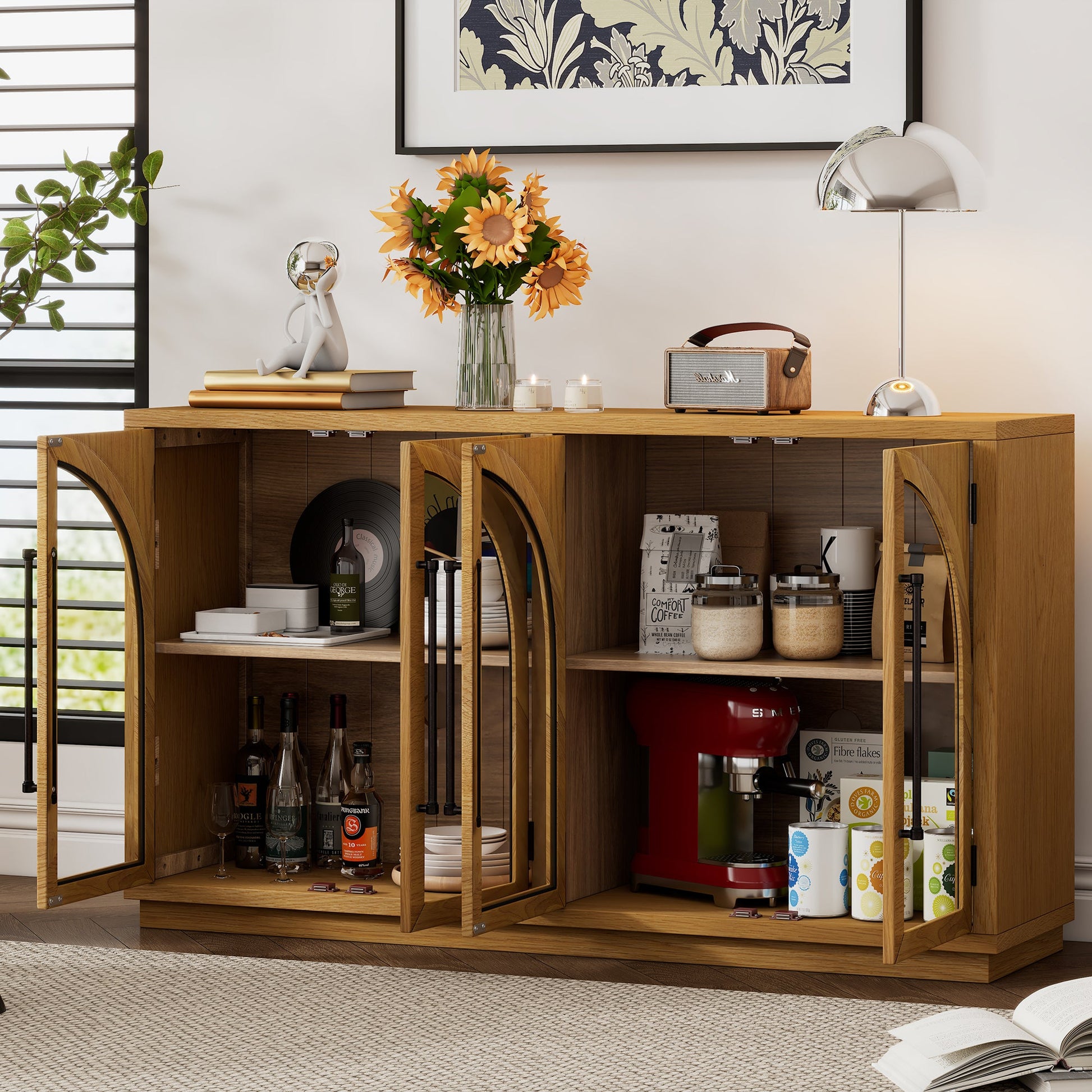 TREXM 4 - Door Large Storage Sideboard Buffet Cabinet with Glass Doors, Arched Cabinet with Adjustable Shelves for Kitchen, Dining Room and Living Room (Natural Wood) - 1st Choice Furniture Direct