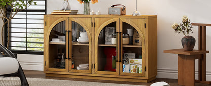 TREXM 4 - Door Large Storage Sideboard Buffet Cabinet with Glass Doors, Arched Cabinet with Adjustable Shelves for Kitchen, Dining Room and Living Room (Natural Wood) - 1st Choice Furniture Direct