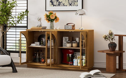 TREXM 4 - Door Large Storage Sideboard Buffet Cabinet with Glass Doors, Arched Cabinet with Adjustable Shelves for Kitchen, Dining Room and Living Room (Natural Wood) - 1st Choice Furniture Direct
