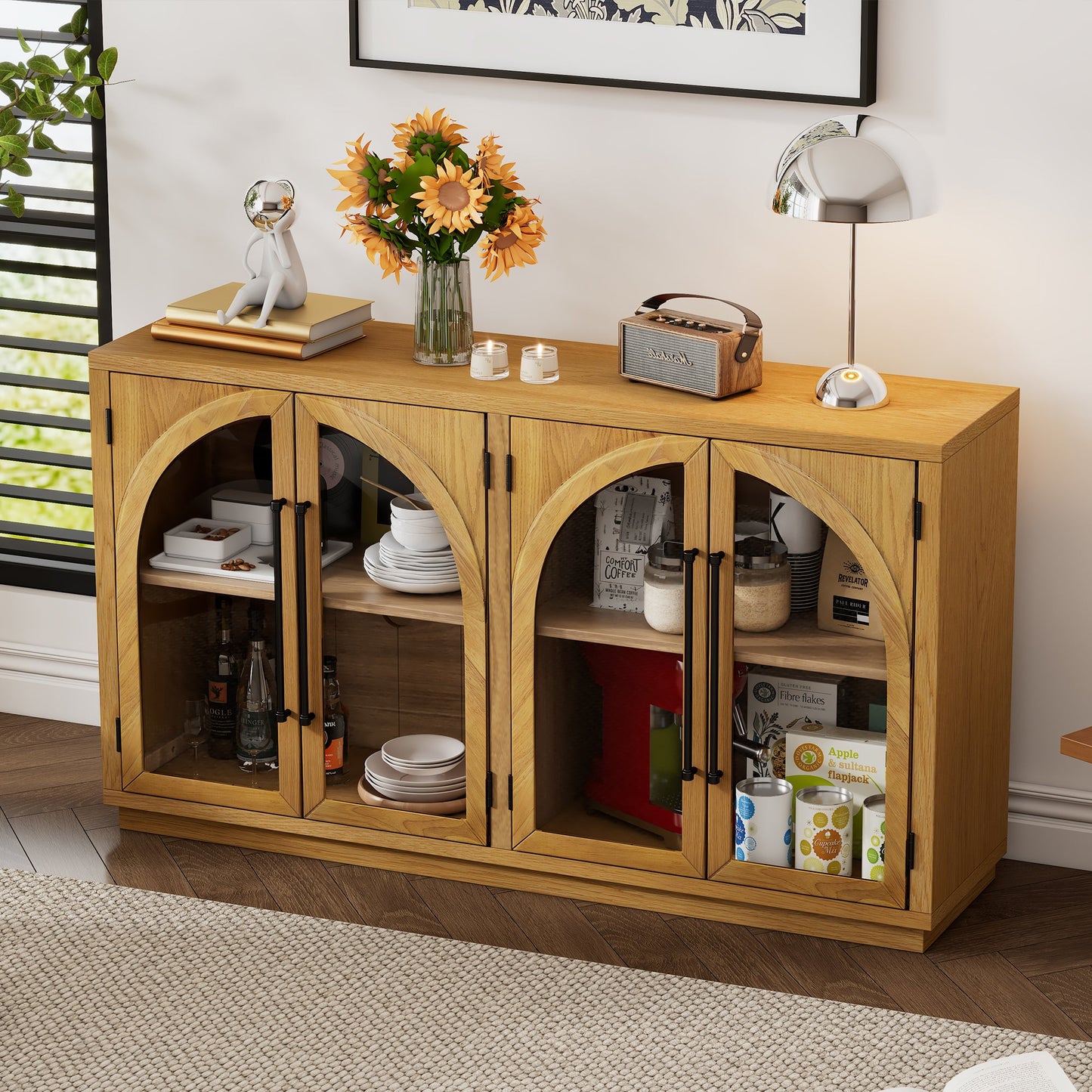 TREXM 4 - Door Large Storage Sideboard Buffet Cabinet with Glass Doors, Arched Cabinet with Adjustable Shelves for Kitchen, Dining Room and Living Room (Natural Wood) - 1st Choice Furniture Direct