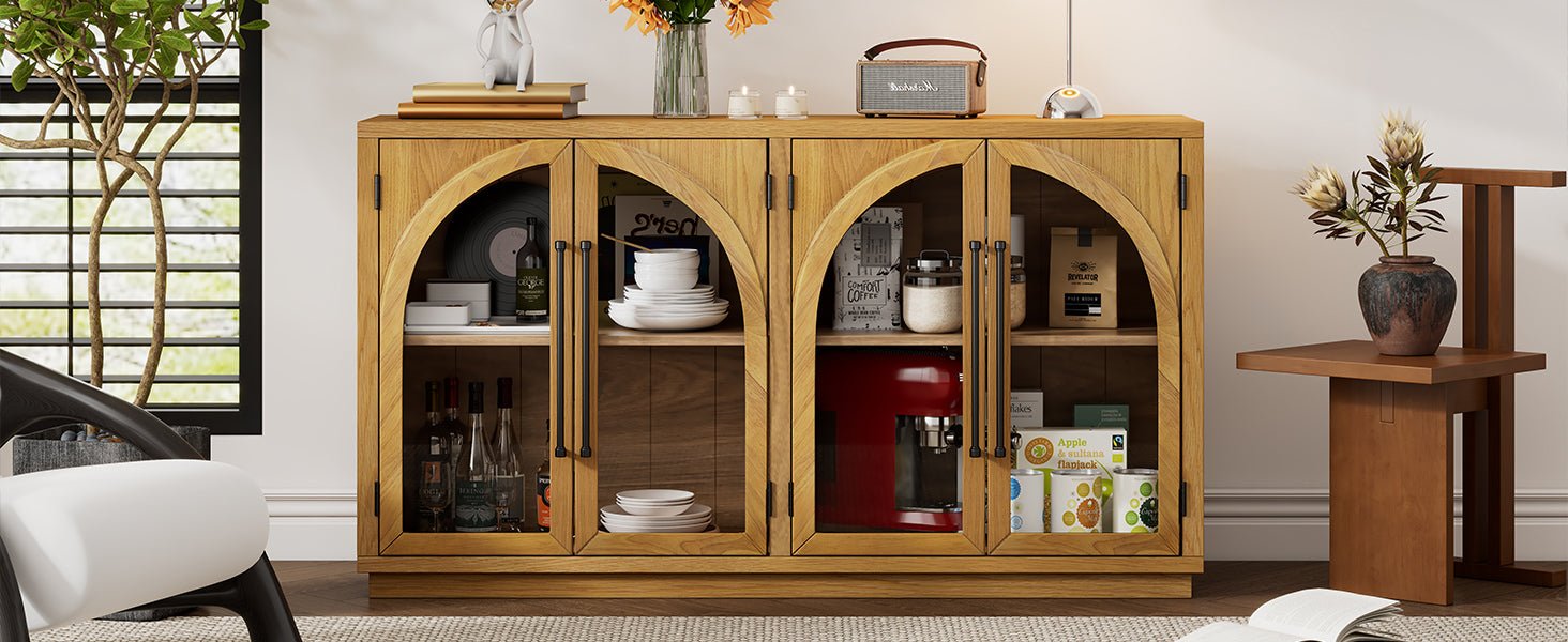 TREXM 4 - Door Large Storage Sideboard Buffet Cabinet with Glass Doors, Arched Cabinet with Adjustable Shelves for Kitchen, Dining Room and Living Room (Natural Wood) - 1st Choice Furniture Direct