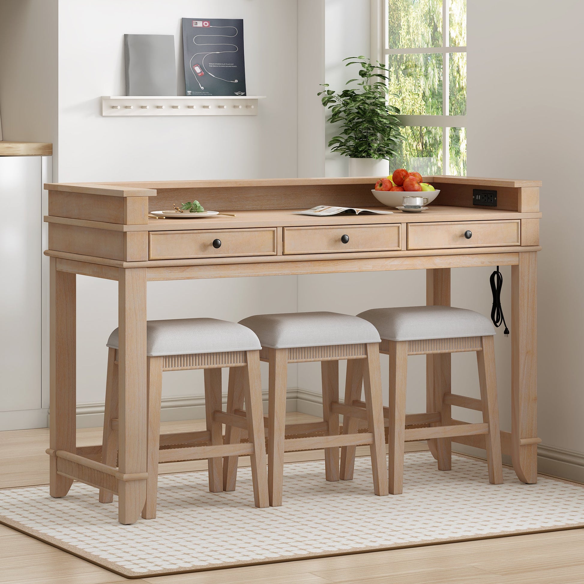 TREXM 4 - Piece Dining Table Set for 3, Retro Kitchen Table and Chairs Set with 3 Storage Drawers, Ideal for Small Spaces (Natural) - 1st Choice Furniture Direct