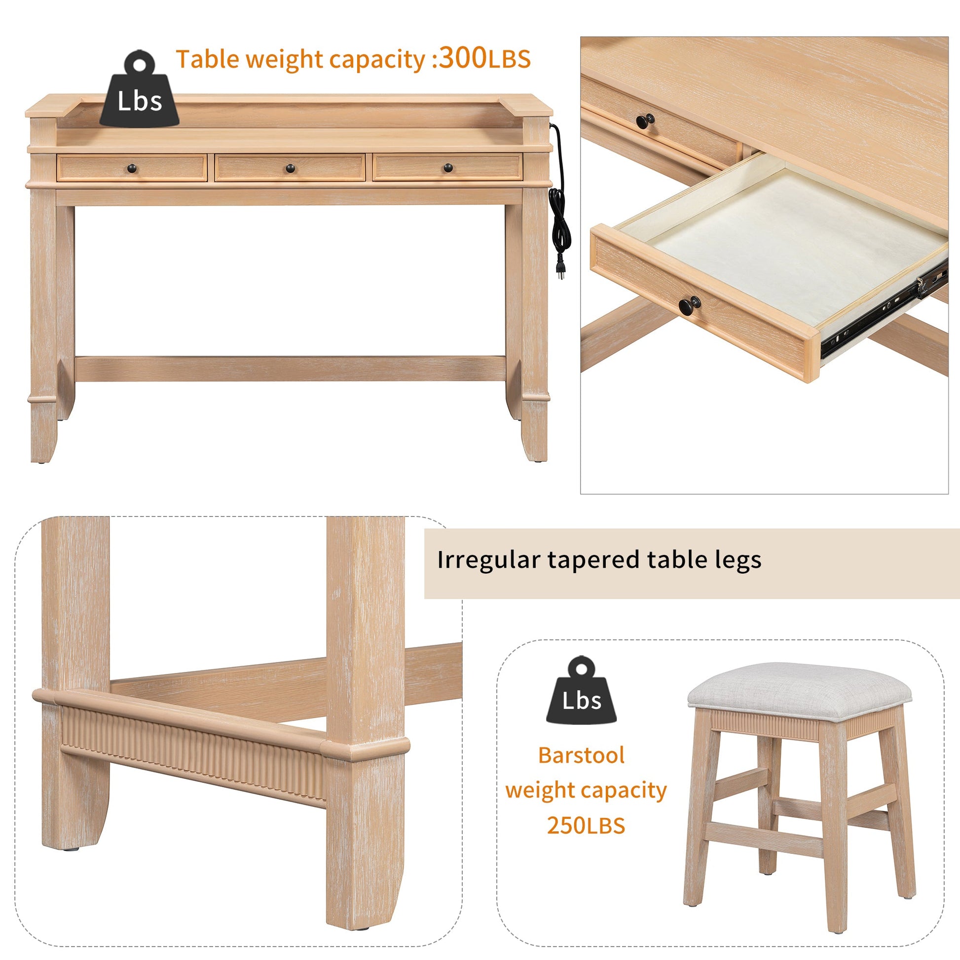 TREXM 4 - Piece Dining Table Set for 3, Retro Kitchen Table and Chairs Set with 3 Storage Drawers, Ideal for Small Spaces (Natural) - 1st Choice Furniture Direct