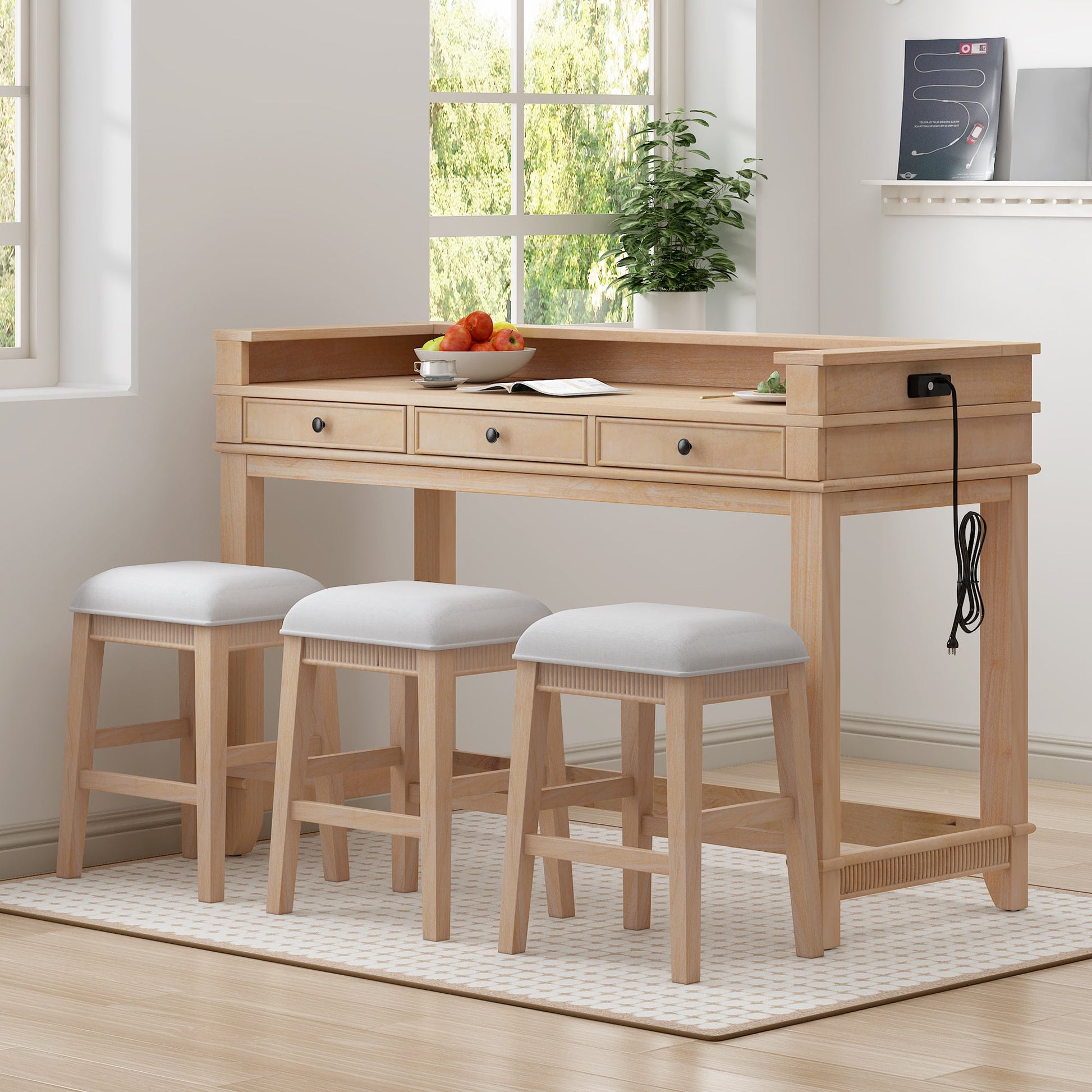 TREXM 4 - Piece Dining Table Set for 3, Retro Kitchen Table and Chairs Set with 3 Storage Drawers, Ideal for Small Spaces (Natural) - 1st Choice Furniture Direct