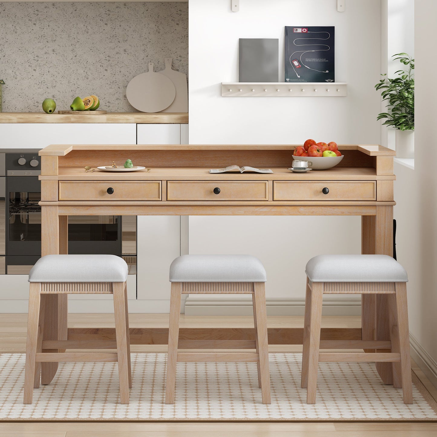 TREXM 4 - Piece Dining Table Set for 3, Retro Kitchen Table and Chairs Set with 3 Storage Drawers, Ideal for Small Spaces (Natural) - 1st Choice Furniture Direct