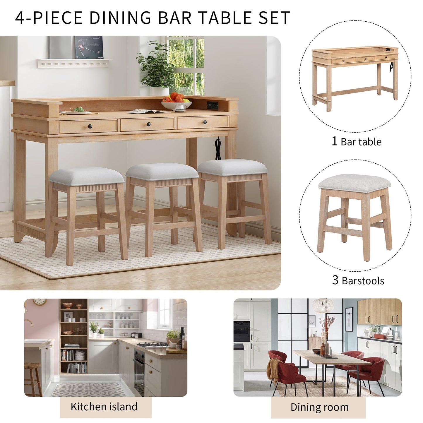 TREXM 4 - Piece Dining Table Set for 3, Retro Kitchen Table and Chairs Set with 3 Storage Drawers, Ideal for Small Spaces (Natural) - 1st Choice Furniture Direct