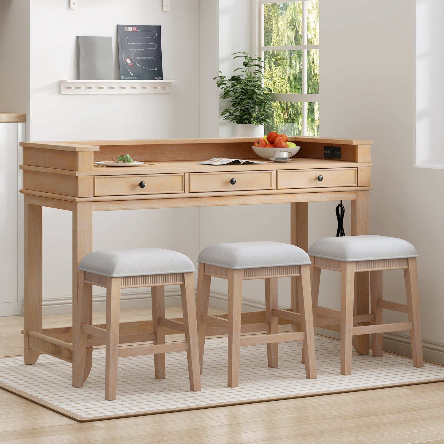 TREXM 4 - Piece Dining Table Set for 3, Retro Kitchen Table and Chairs Set with 3 Storage Drawers, Ideal for Small Spaces (Natural) - 1st Choice Furniture Direct
