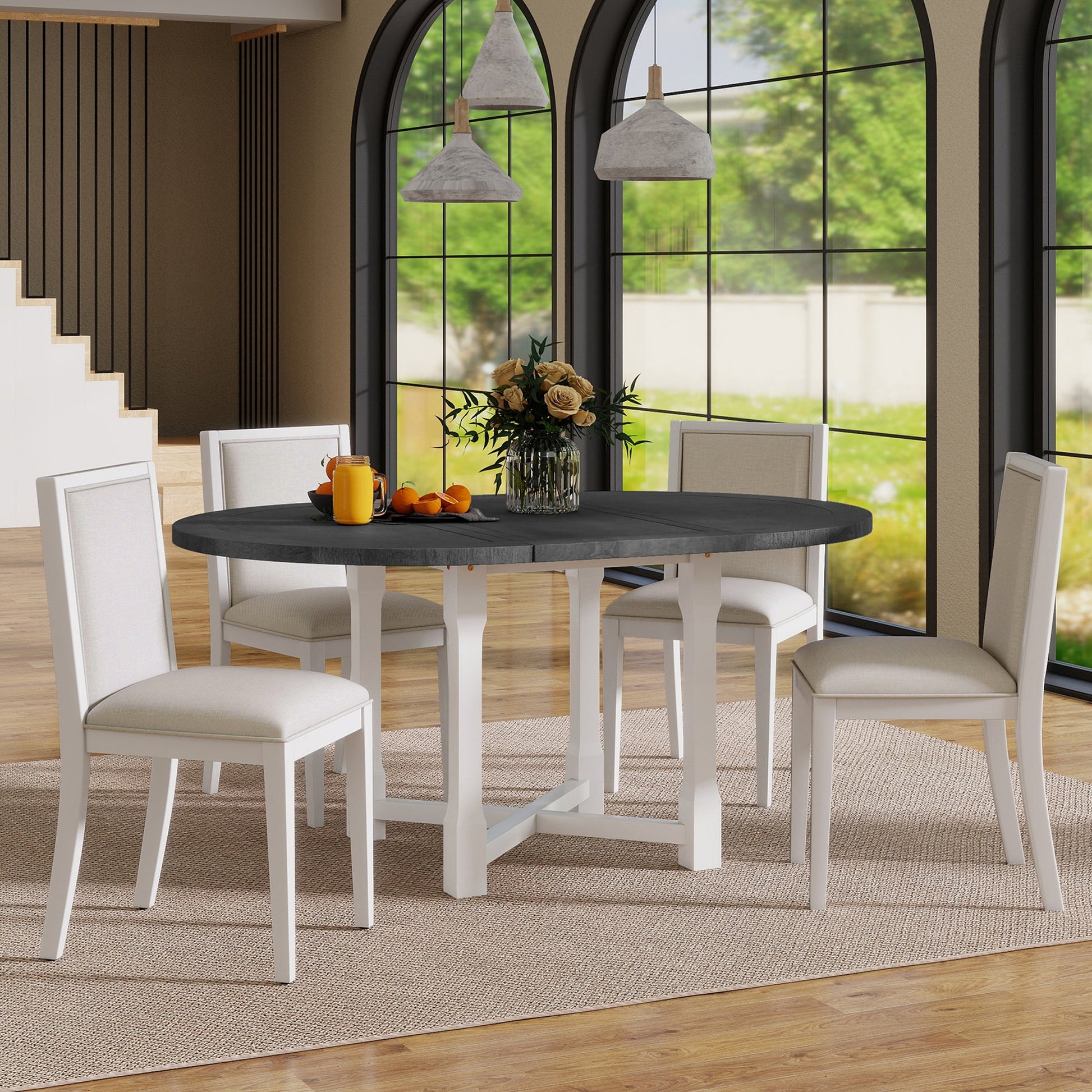 TREXM 5 - Piece Extendable Dining Table Set for 4, Round Dining Table for 4 with Upholstered Chairs, Farmhouse Kitchen Table Set with Removable Leaf for Dining Room and Kitchen (Grey+White) - 1st Choice Furniture Direct