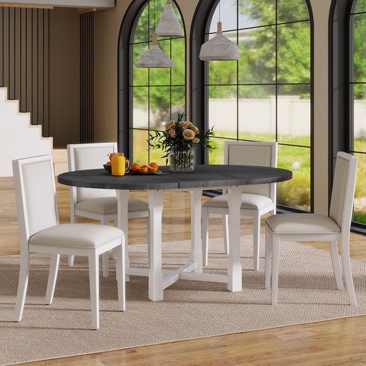 TREXM 5 - Piece Extendable Dining Table Set for 4, Round Dining Table for 4 with Upholstered Chairs, Farmhouse Kitchen Table Set with Removable Leaf for Dining Room and Kitchen (Grey+White) - 1st Choice Furniture Direct