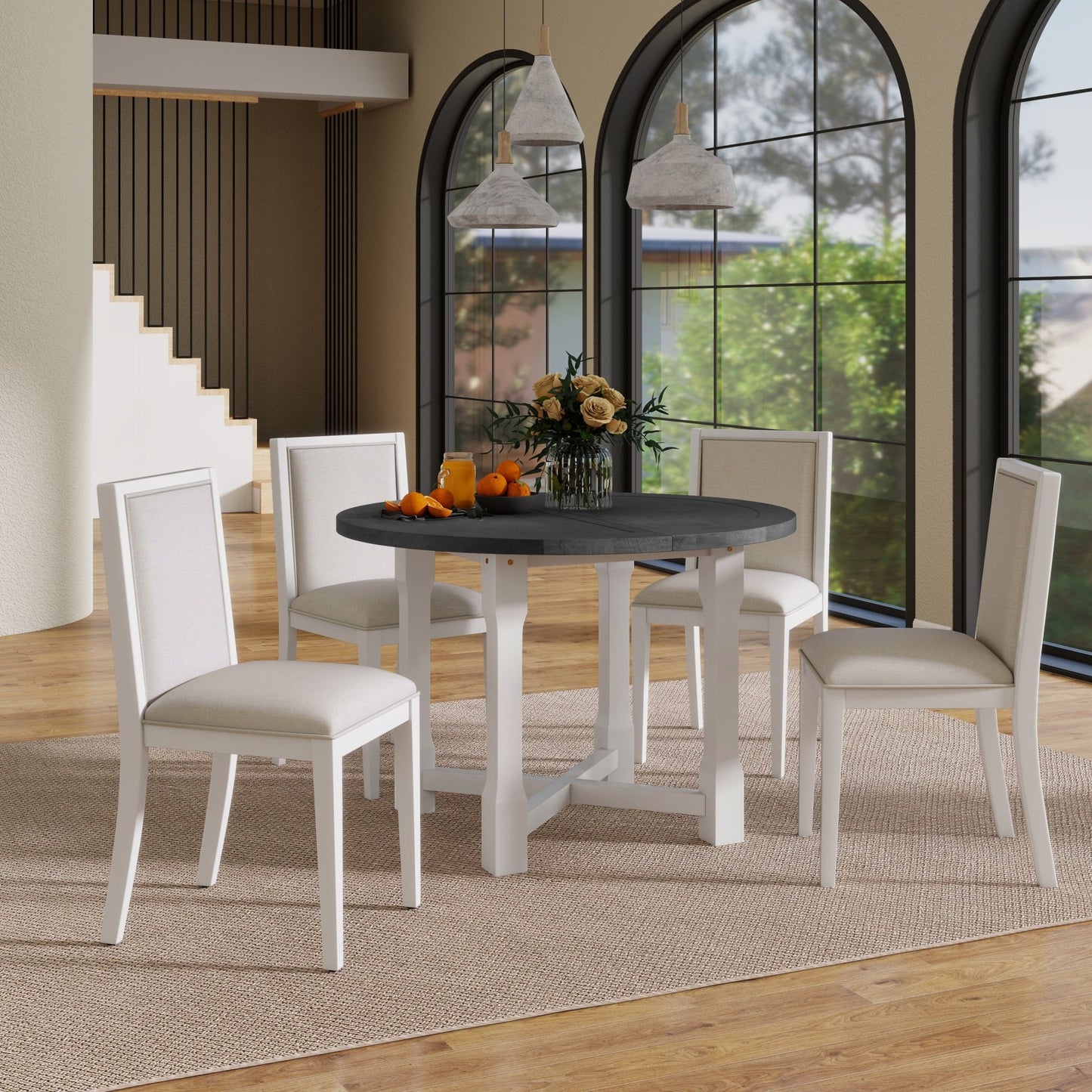 TREXM 5 - Piece Extendable Dining Table Set for 4, Round Dining Table for 4 with Upholstered Chairs, Farmhouse Kitchen Table Set with Removable Leaf for Dining Room and Kitchen (Grey+White) - 1st Choice Furniture Direct