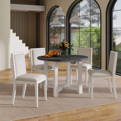 TREXM 5 - Piece Extendable Dining Table Set for 4, Round Dining Table for 4 with Upholstered Chairs, Farmhouse Kitchen Table Set with Removable Leaf for Dining Room and Kitchen (Grey+White) - 1st Choice Furniture Direct
