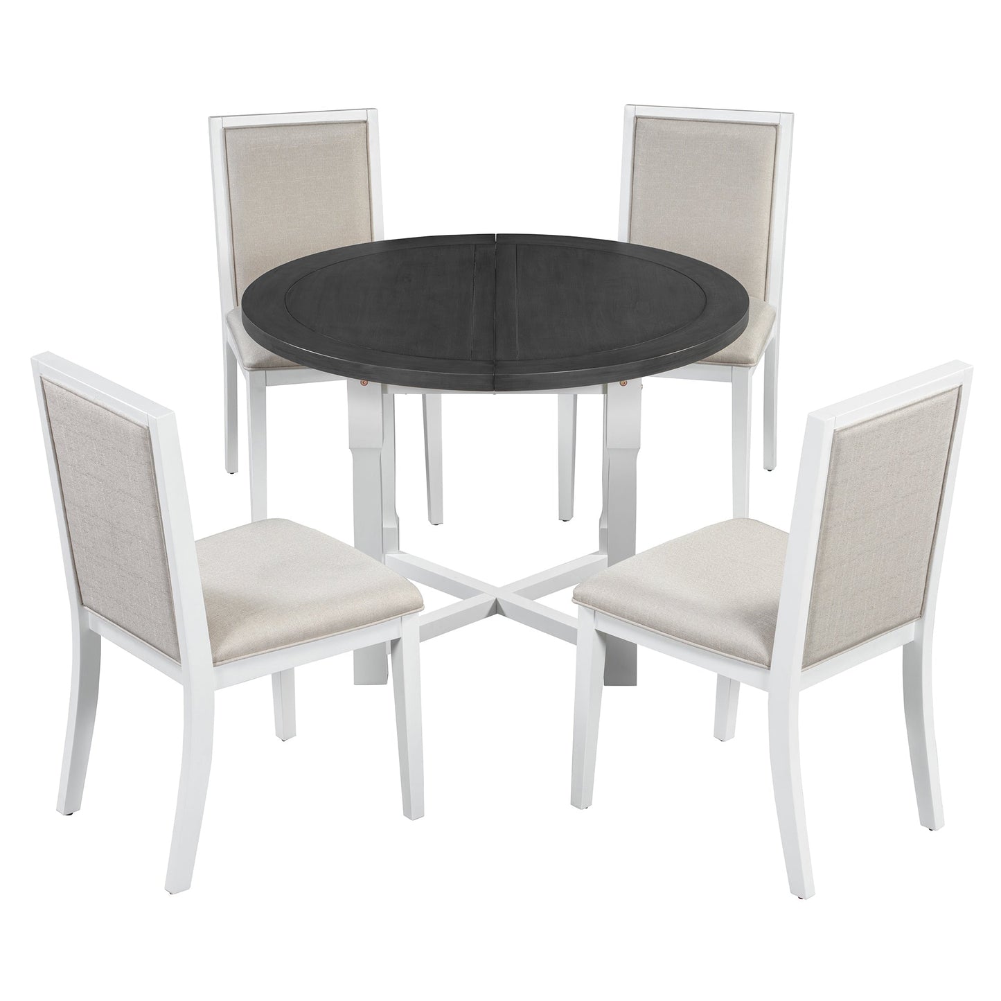 TREXM 5 - Piece Extendable Dining Table Set for 4, Round Dining Table for 4 with Upholstered Chairs, Farmhouse Kitchen Table Set with Removable Leaf for Dining Room and Kitchen (Grey+White) - 1st Choice Furniture Direct