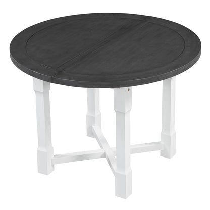 TREXM 5 - Piece Extendable Dining Table Set for 4, Round Dining Table for 4 with Upholstered Chairs, Farmhouse Kitchen Table Set with Removable Leaf for Dining Room and Kitchen (Grey+White) - 1st Choice Furniture Direct