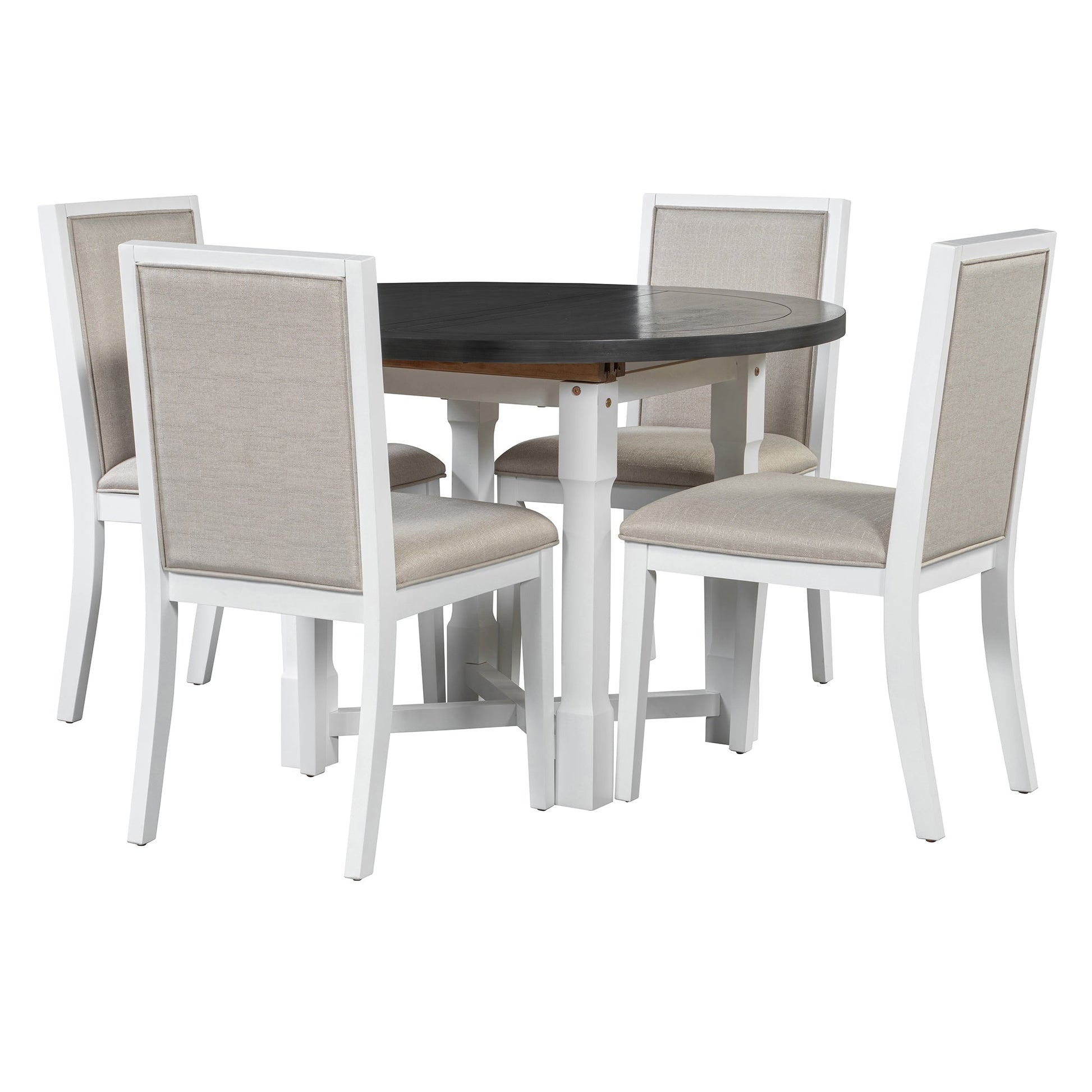 TREXM 5 - Piece Extendable Dining Table Set for 4, Round Dining Table for 4 with Upholstered Chairs, Farmhouse Kitchen Table Set with Removable Leaf for Dining Room and Kitchen (Grey+White) - 1st Choice Furniture Direct