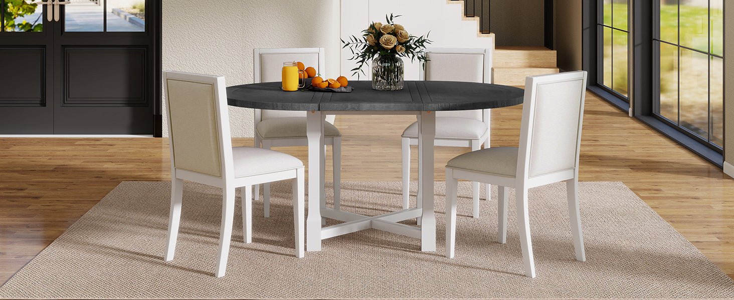 TREXM 5 - Piece Extendable Dining Table Set for 4, Round Dining Table for 4 with Upholstered Chairs, Farmhouse Kitchen Table Set with Removable Leaf for Dining Room and Kitchen (Grey+White) - 1st Choice Furniture Direct