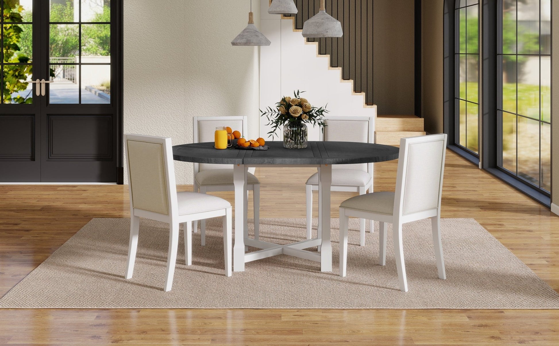 TREXM 5 - Piece Extendable Dining Table Set for 4, Round Dining Table for 4 with Upholstered Chairs, Farmhouse Kitchen Table Set with Removable Leaf for Dining Room and Kitchen (Grey+White) - 1st Choice Furniture Direct