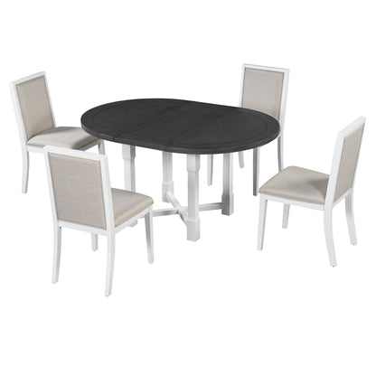 TREXM 5 - Piece Extendable Dining Table Set for 4, Round Dining Table for 4 with Upholstered Chairs, Farmhouse Kitchen Table Set with Removable Leaf for Dining Room and Kitchen (Grey+White) - 1st Choice Furniture Direct