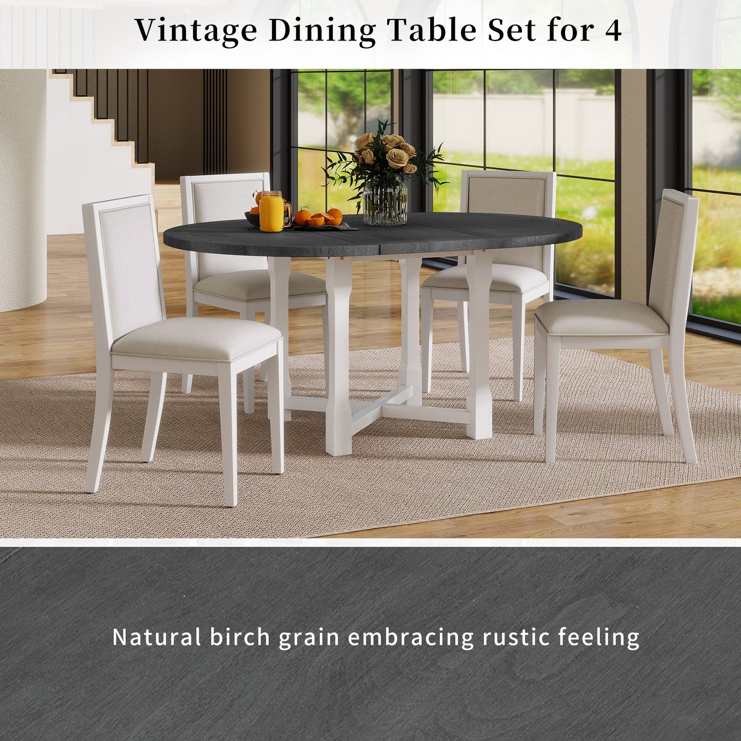 TREXM 5 - Piece Extendable Dining Table Set for 4, Round Dining Table for 4 with Upholstered Chairs, Farmhouse Kitchen Table Set with Removable Leaf for Dining Room and Kitchen (Grey+White) - 1st Choice Furniture Direct