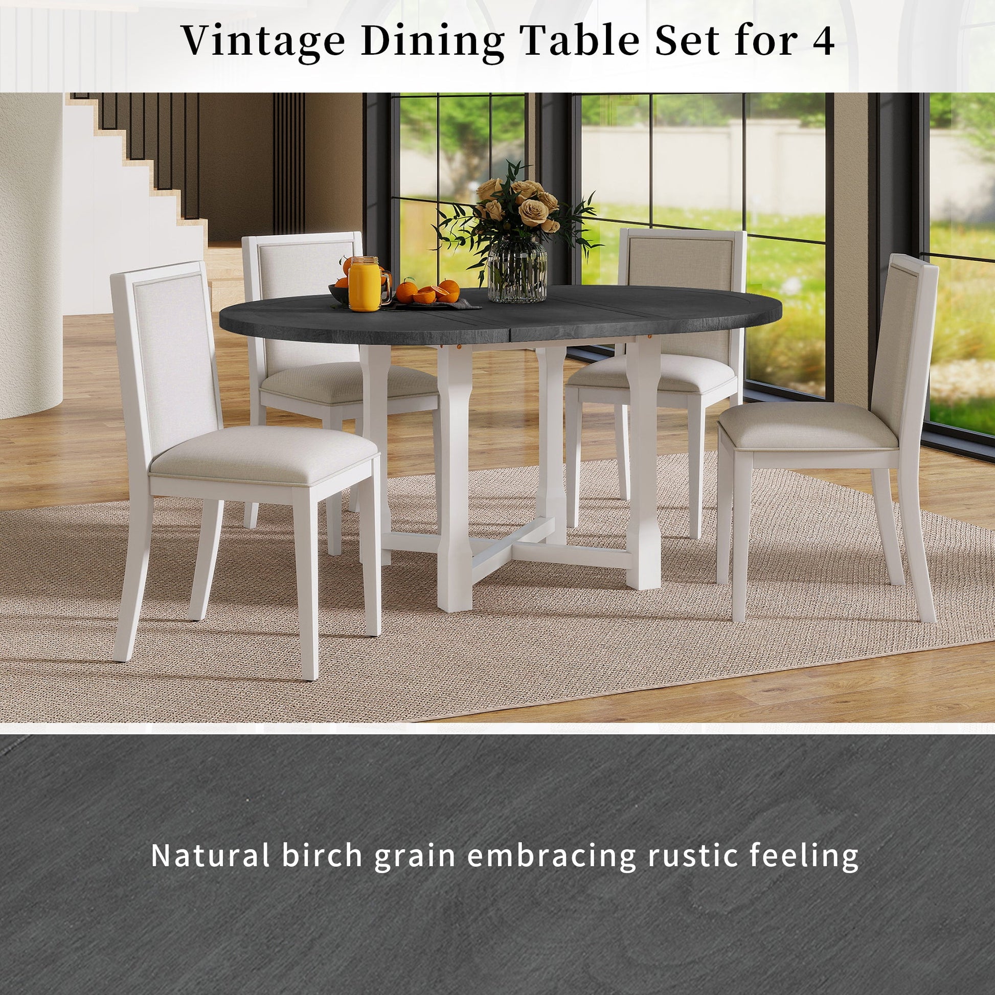TREXM 5 - Piece Extendable Dining Table Set for 4, Round Dining Table for 4 with Upholstered Chairs, Farmhouse Kitchen Table Set with Removable Leaf for Dining Room and Kitchen (Grey+White) - 1st Choice Furniture Direct