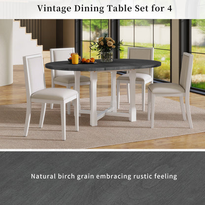TREXM 5 - Piece Extendable Dining Table Set for 4, Round Dining Table for 4 with Upholstered Chairs, Farmhouse Kitchen Table Set with Removable Leaf for Dining Room and Kitchen (Grey+White) - 1st Choice Furniture Direct