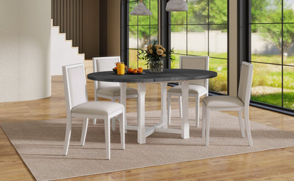 TREXM 5 - Piece Extendable Dining Table Set for 4, Round Dining Table for 4 with Upholstered Chairs, Farmhouse Kitchen Table Set with Removable Leaf for Dining Room and Kitchen (Grey+White) - 1st Choice Furniture Direct