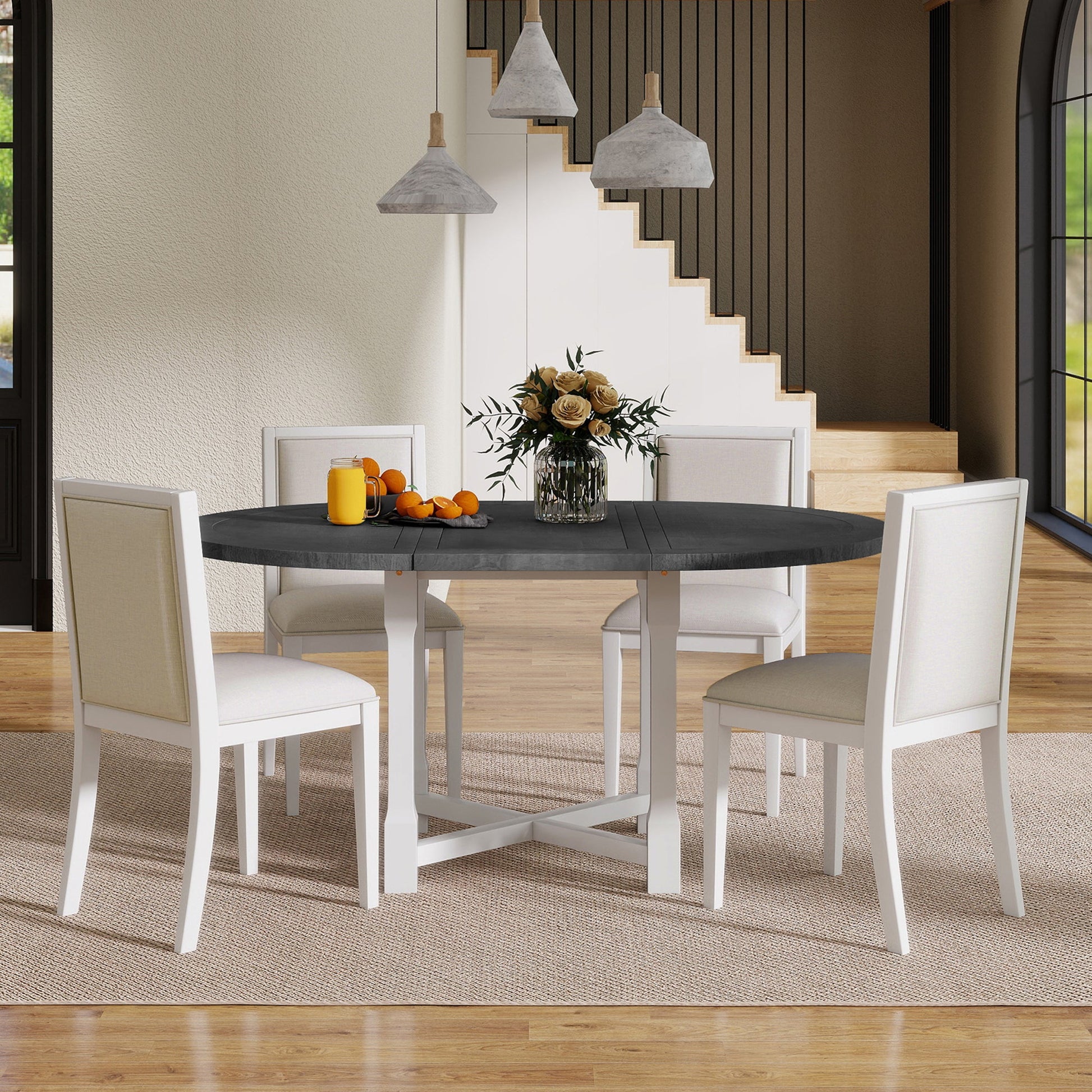 TREXM 5 - Piece Extendable Dining Table Set for 4, Round Dining Table for 4 with Upholstered Chairs, Farmhouse Kitchen Table Set with Removable Leaf for Dining Room and Kitchen (Grey+White) - 1st Choice Furniture Direct