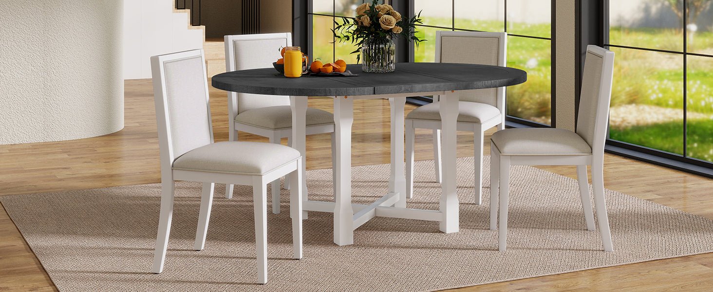 TREXM 5 - Piece Extendable Dining Table Set for 4, Round Dining Table for 4 with Upholstered Chairs, Farmhouse Kitchen Table Set with Removable Leaf for Dining Room and Kitchen (Grey+White) - 1st Choice Furniture Direct