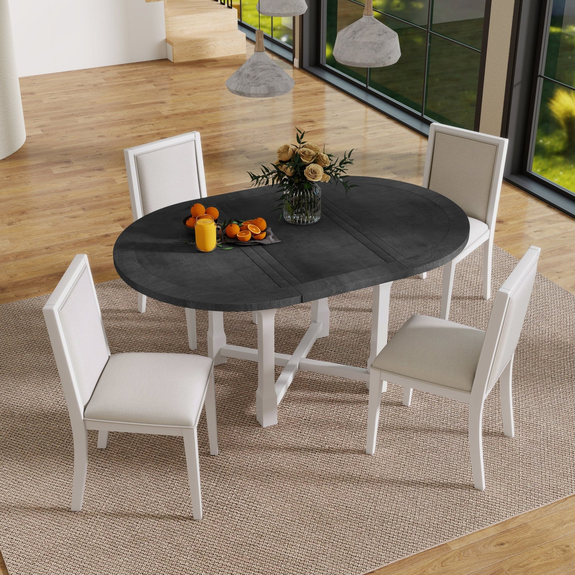 TREXM 5 - Piece Extendable Dining Table Set for 4, Round Dining Table for 4 with Upholstered Chairs, Farmhouse Kitchen Table Set with Removable Leaf for Dining Room and Kitchen (Grey+White) - 1st Choice Furniture Direct