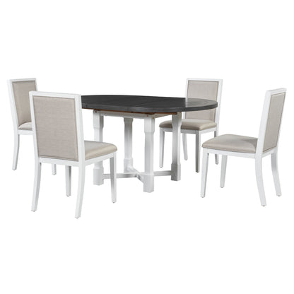TREXM 5 - Piece Extendable Dining Table Set for 4, Round Dining Table for 4 with Upholstered Chairs, Farmhouse Kitchen Table Set with Removable Leaf for Dining Room and Kitchen (Grey+White) - 1st Choice Furniture Direct