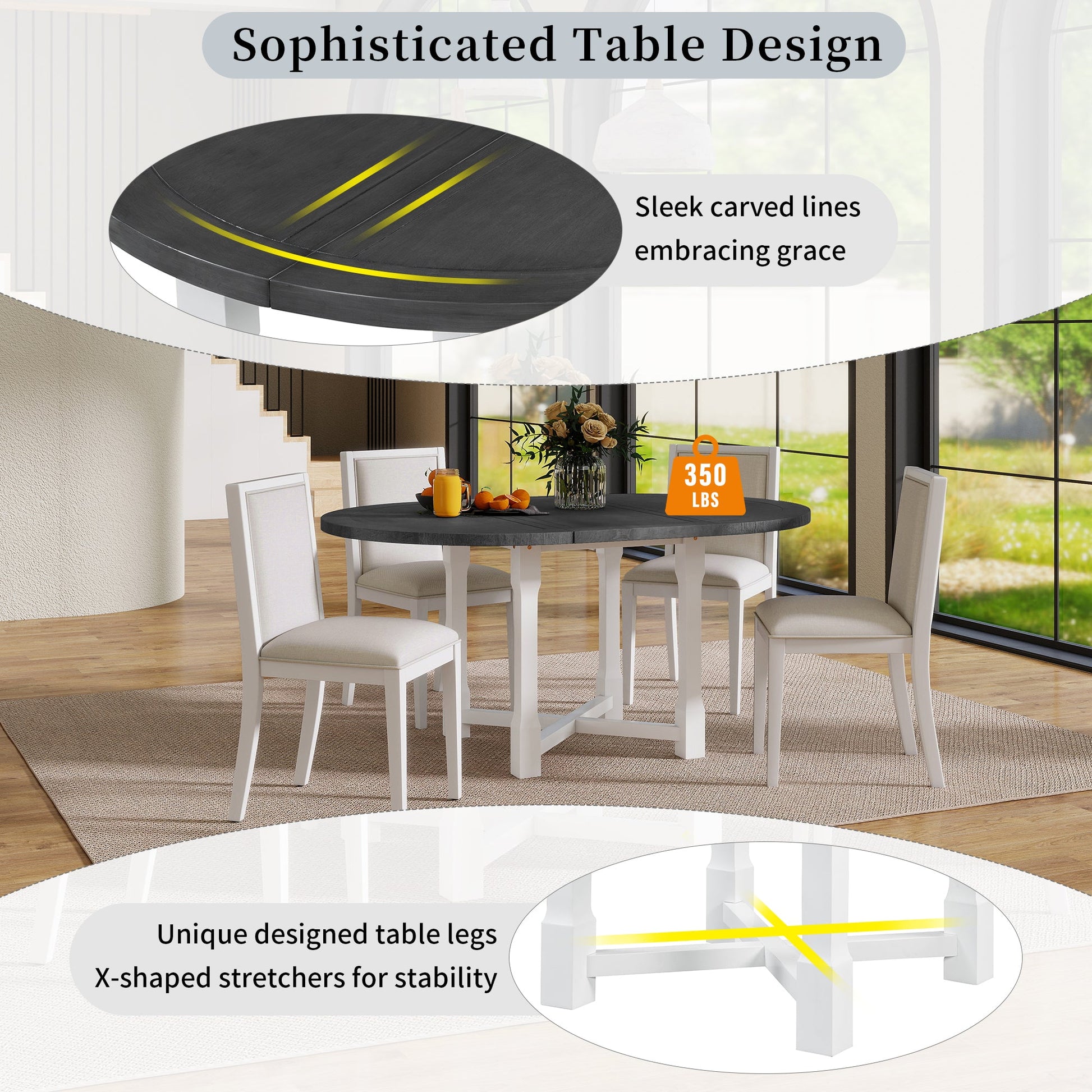 TREXM 5 - Piece Extendable Dining Table Set for 4, Round Dining Table for 4 with Upholstered Chairs, Farmhouse Kitchen Table Set with Removable Leaf for Dining Room and Kitchen (Grey+White) - 1st Choice Furniture Direct