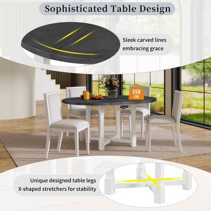 TREXM 5 - Piece Extendable Dining Table Set for 4, Round Dining Table for 4 with Upholstered Chairs, Farmhouse Kitchen Table Set with Removable Leaf for Dining Room and Kitchen (Grey+White) - 1st Choice Furniture Direct