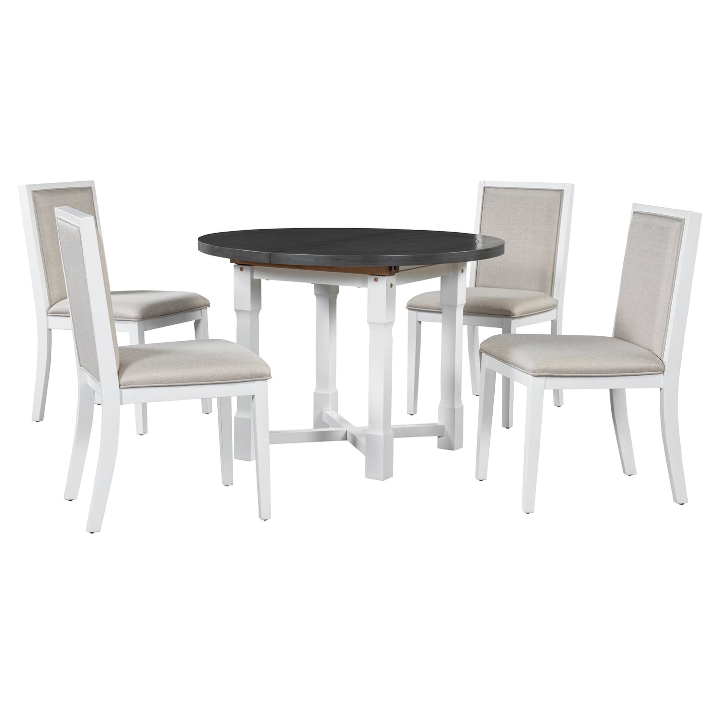TREXM 5 - Piece Extendable Dining Table Set for 4, Round Dining Table for 4 with Upholstered Chairs, Farmhouse Kitchen Table Set with Removable Leaf for Dining Room and Kitchen (Grey+White) - 1st Choice Furniture Direct
