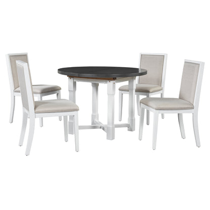 TREXM 5 - Piece Extendable Dining Table Set for 4, Round Dining Table for 4 with Upholstered Chairs, Farmhouse Kitchen Table Set with Removable Leaf for Dining Room and Kitchen (Grey+White) - 1st Choice Furniture Direct
